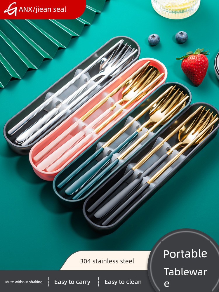 Juego de Palillos y Cuchara, Tenedor de Acero Inoxidable 304 Portátil, Vajilla Individual de Tres Piezas, Linda Caja de Almacenamiento para Estudiantes