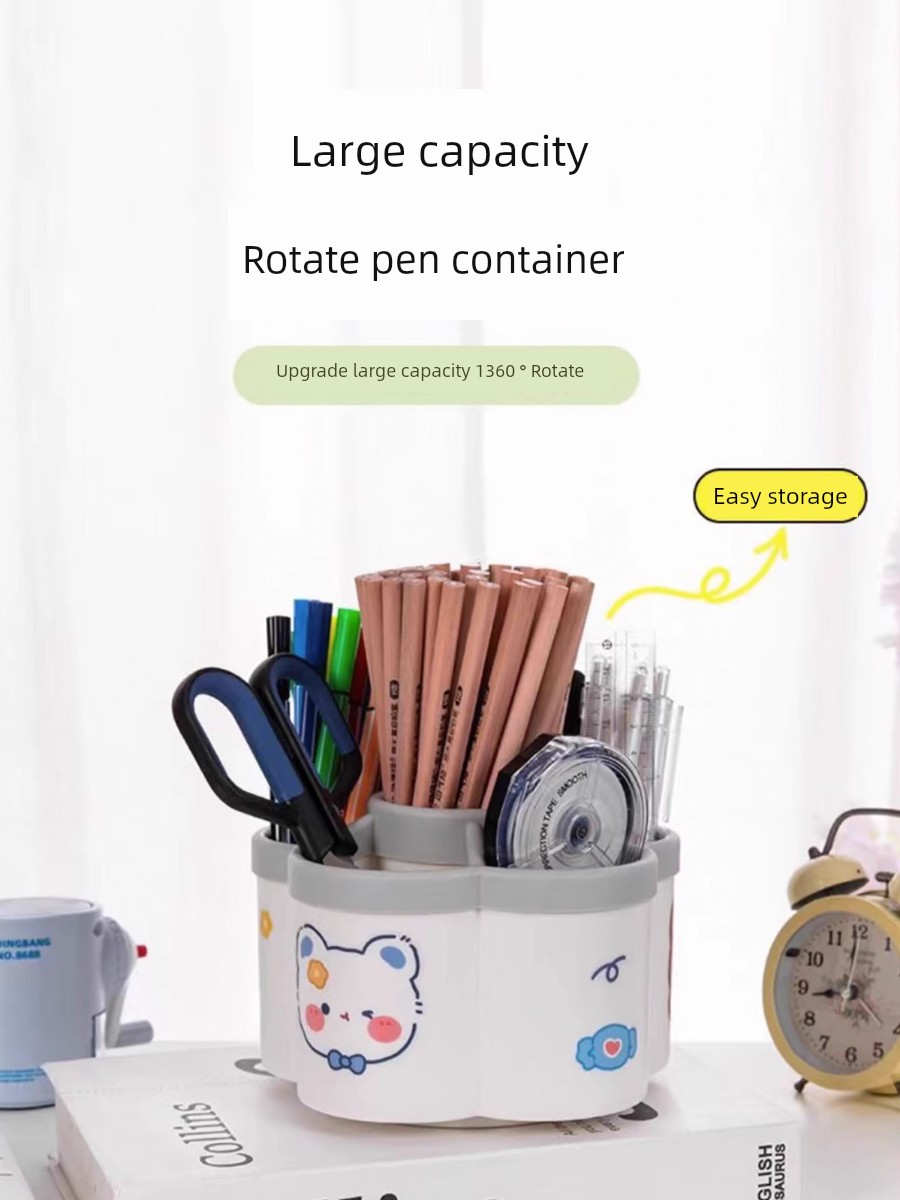 Flower Pen Holder 360 Degrees Rotate Stationery Storage Box Student Desktop Pen Container Kids Cute Style Large Capacity Student