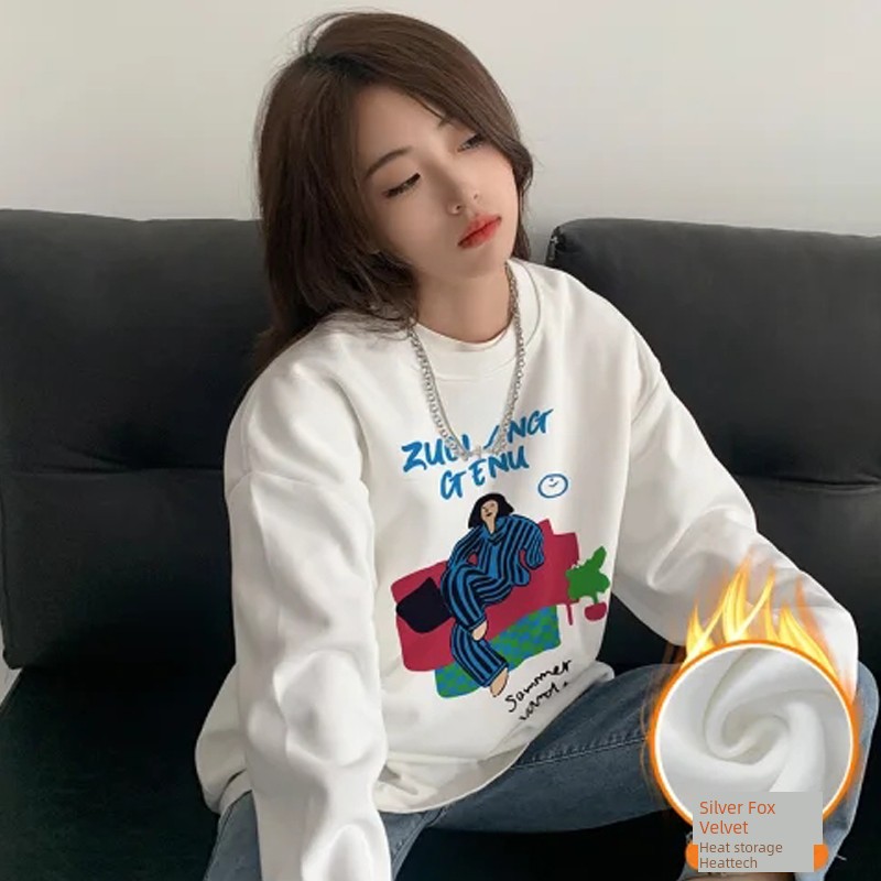 Plus Size Ladies Plus Size Hooded Sweatshirt Female 2024 Autumn and Winter New Arrival K-style Loose All-Matching Fleece-Lined Thickened Casual Tops