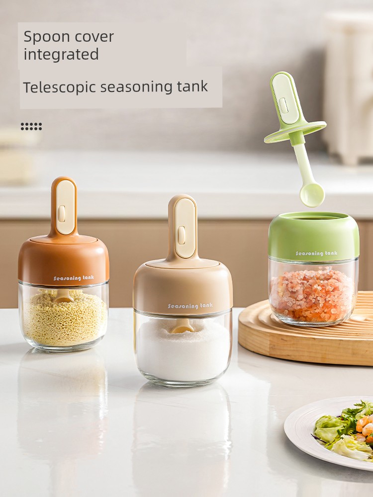 Telescopic Seasoning Containers Kitchen Spoon Cover Integrated Seasoning Box For Home Glass Sealed Spice Bottle Salt Jar Seasoning Bottle Set