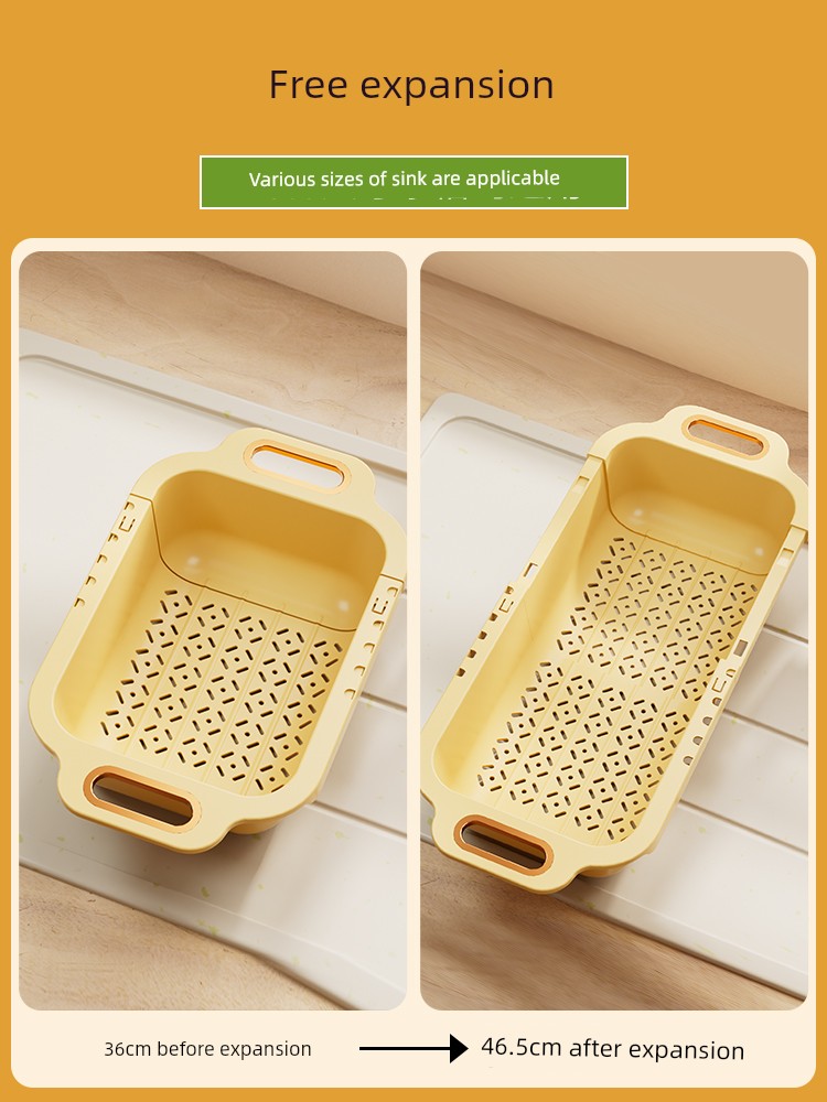 Double-Layer Adjustable Drain Basket Kitchen Rectangular Vegetable and Fruit Washing Single Sink Sink Large Capacity Plastic Washing Basin