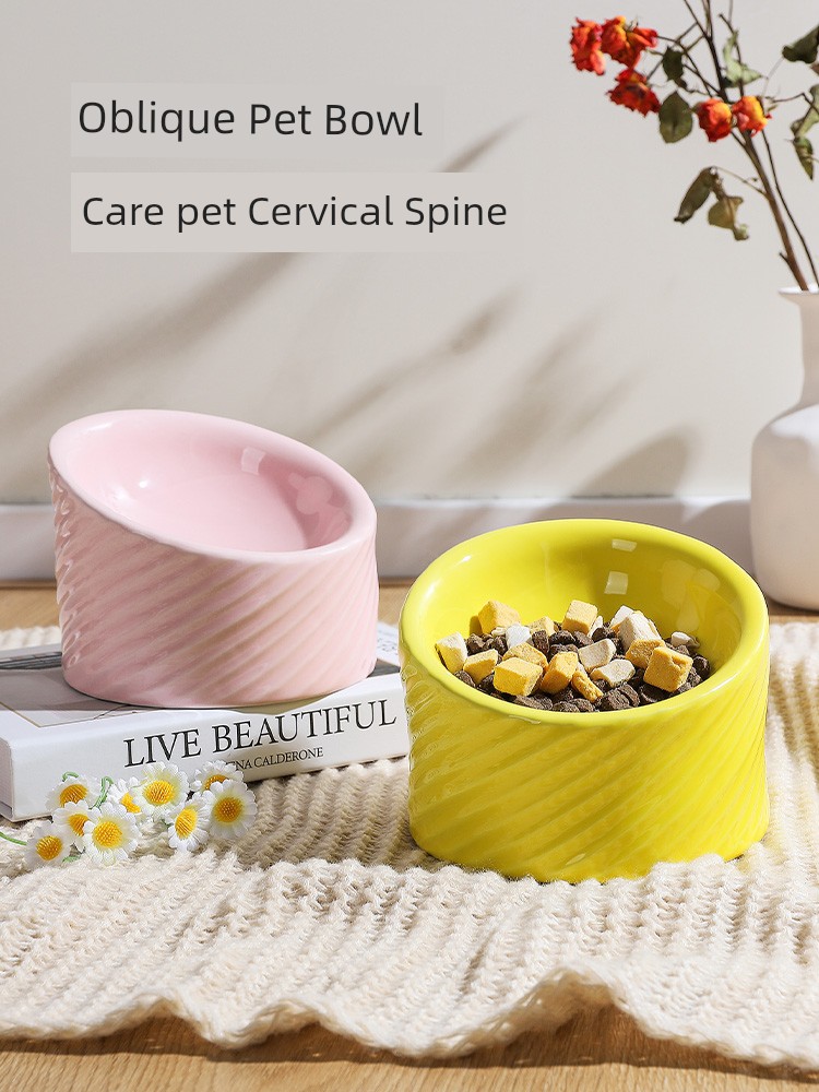 Cat Bowl Ceramic Rice Bowl Food Bowl Cat Food Holder High Leg Oblique Bowl Drinking Bowl Pet Cat Bowl Dog Bowl Not Easy to Knock over