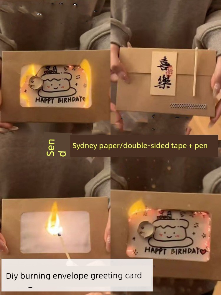 Flame Greeting Card DIY Handmade Burning with Matches Happy Birthday Envelope Cartridge Material Package Greeting Card Gift for Girlfriend