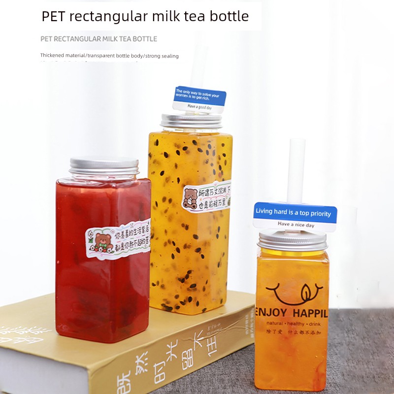 Large Diameter Square Storage Tank Disposable Milky Tea Bottle Pet Food Grade Beverage Bottle Transparent with Aluminum Cover Plastic Cup
