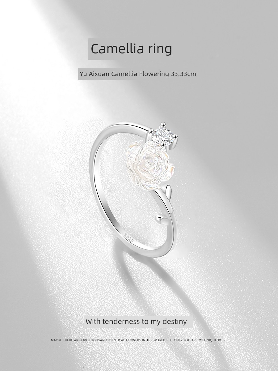 925 Sterling Silver Diamond Camellia Ring Female Simple Bracelet Stylish Niche Style Index Finger Openings Ring Affordable Luxury Fashion Ring