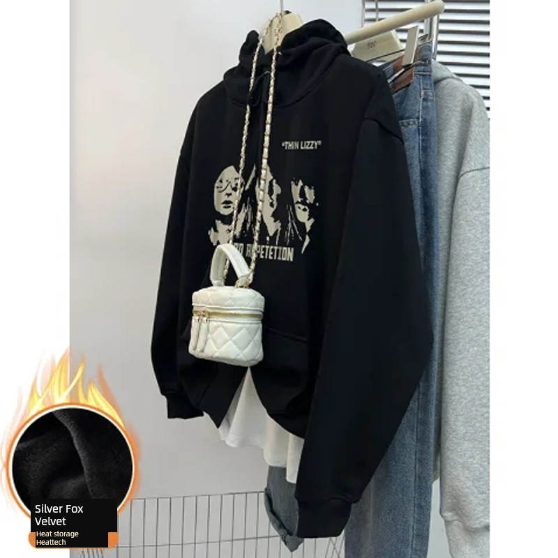 American Street Hooded Fleece Lined Sweater Female Fall and Winter New Arrival Retro Loose Easiest for Match Couple Black Long Sleeves Tops Tide