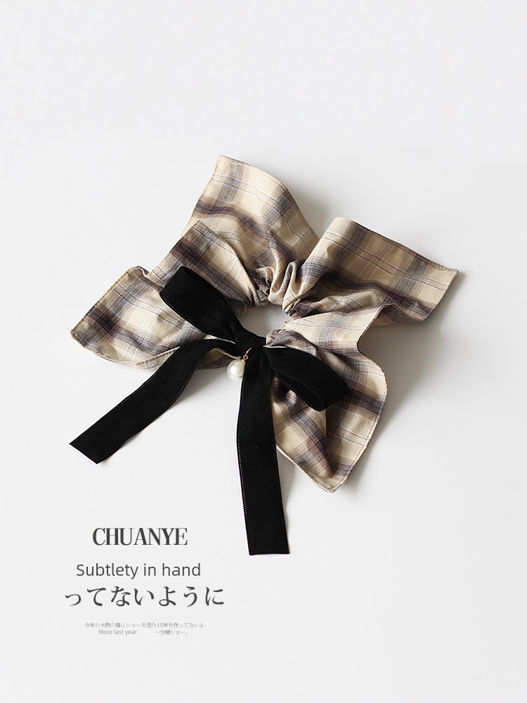 Kawano French Style Black Velvet Bows Pearl Square Ring Retro Plaid Cloth Hair Ring Large Intestine Ring Hair Accessories New Arrival