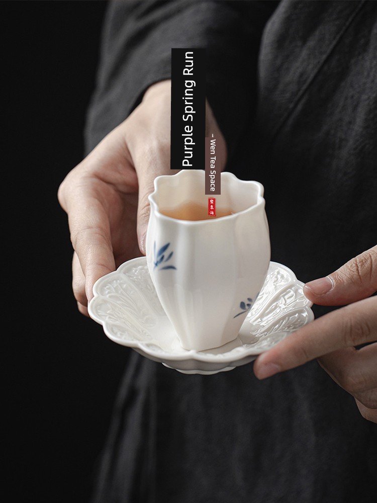 Jojo's L. Pd. Ziquan Stream. Embossed Plum Blossoms Orchids Bamboo and Chrysanthemum Petal Coaster Tea Cup Holder Tea Saucer | Edification Pottery