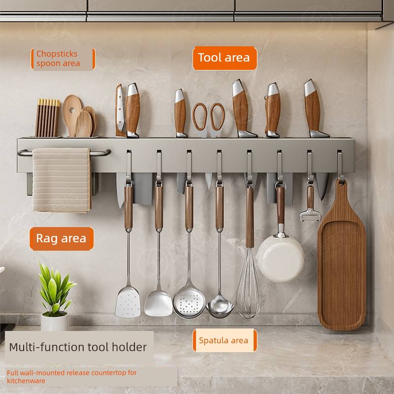 Stainless Steel Kitchen Knives Storage Rack Multi-Functional Punch-Free Knife Holder Storage Rack Chopsticks Cage Chopsticks Holder Wall-Mounted