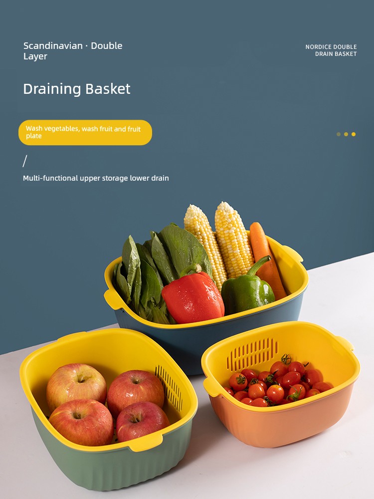 Double-Layer Plastic Drain Basket For Home Kitchen Vegetable Basin Large Size Wash Fruit Basin Vegetable Washing Handy Gadget Drain Basket Storage Basket