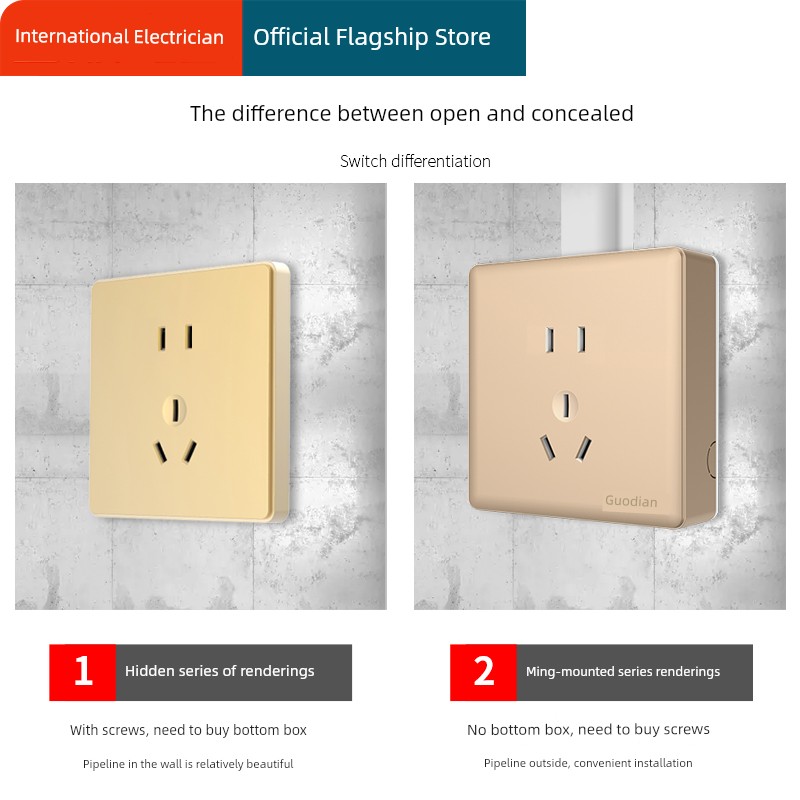 International Electrician Surface Mounted 5 Five-Hole Socket Open Wire Open Box Wall Porous For Home Ultra-Thin Panel with Switch