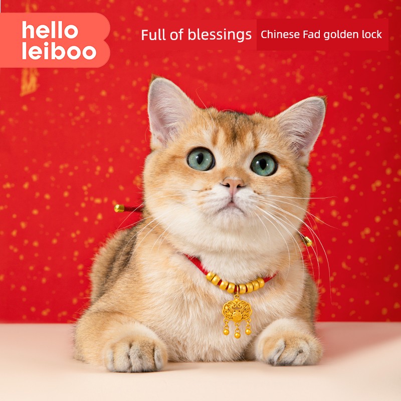 Cat Collar Cat Bell New Year Longevity Lock Necklace Dog Scarf Red Rope Decorations Longevity Lock Golden Lock Collar