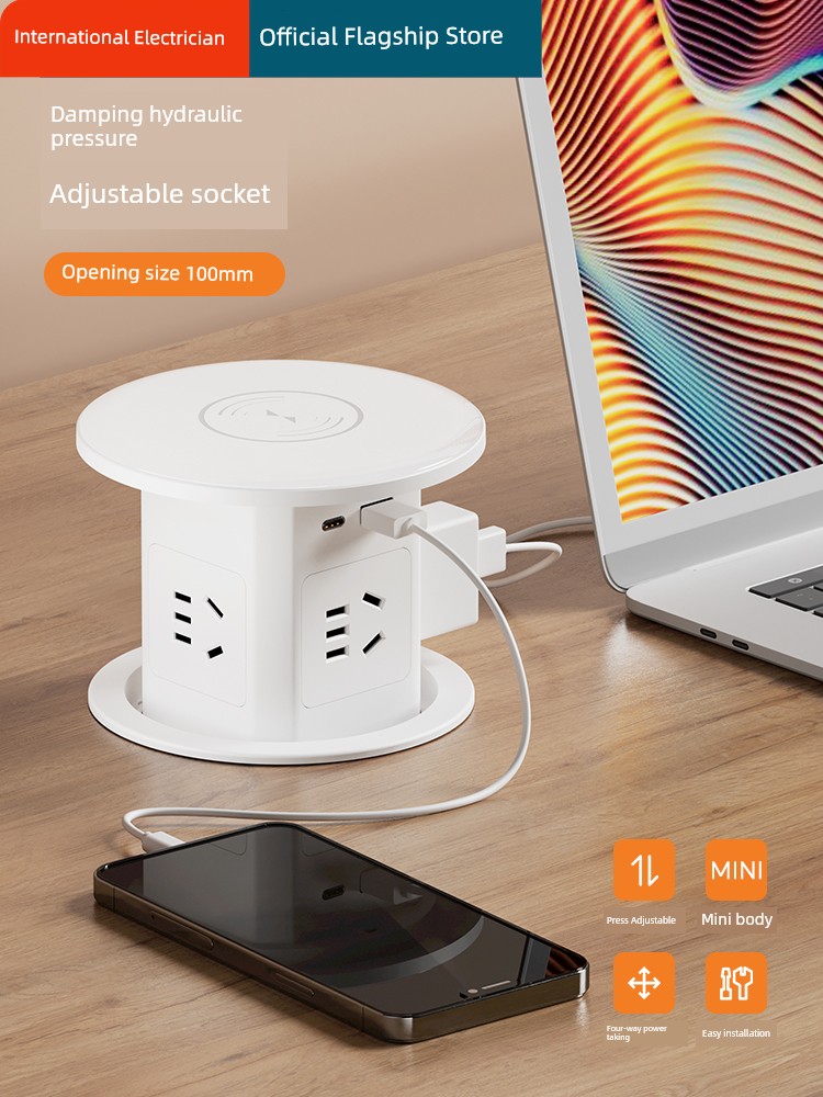 Adjustable Kitchen Socket Table Hole Countertop Cabinet Embedded Hidden Island Table Surface with USB Invisible Row Plug Board