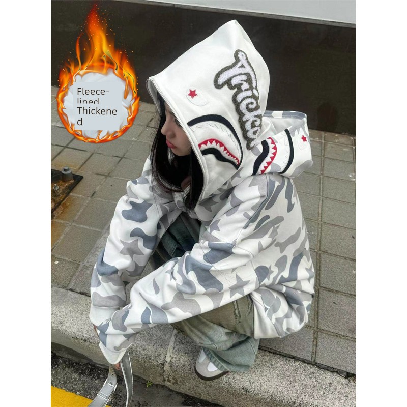 American Hiphop Fleece-lined Thickened Double Hat Plus size Hoodie Women Autumn and Winter Idle Style Oversize Trendy Camouflage Outerwear