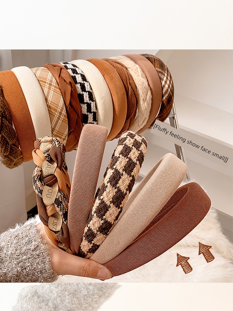 Maillard Brown Headband Women's High Skull Top Hair Fixer Wide-Edged Headband Outdoor All-Matching Hairpin Hair Tie Headdress Fall and Winter
