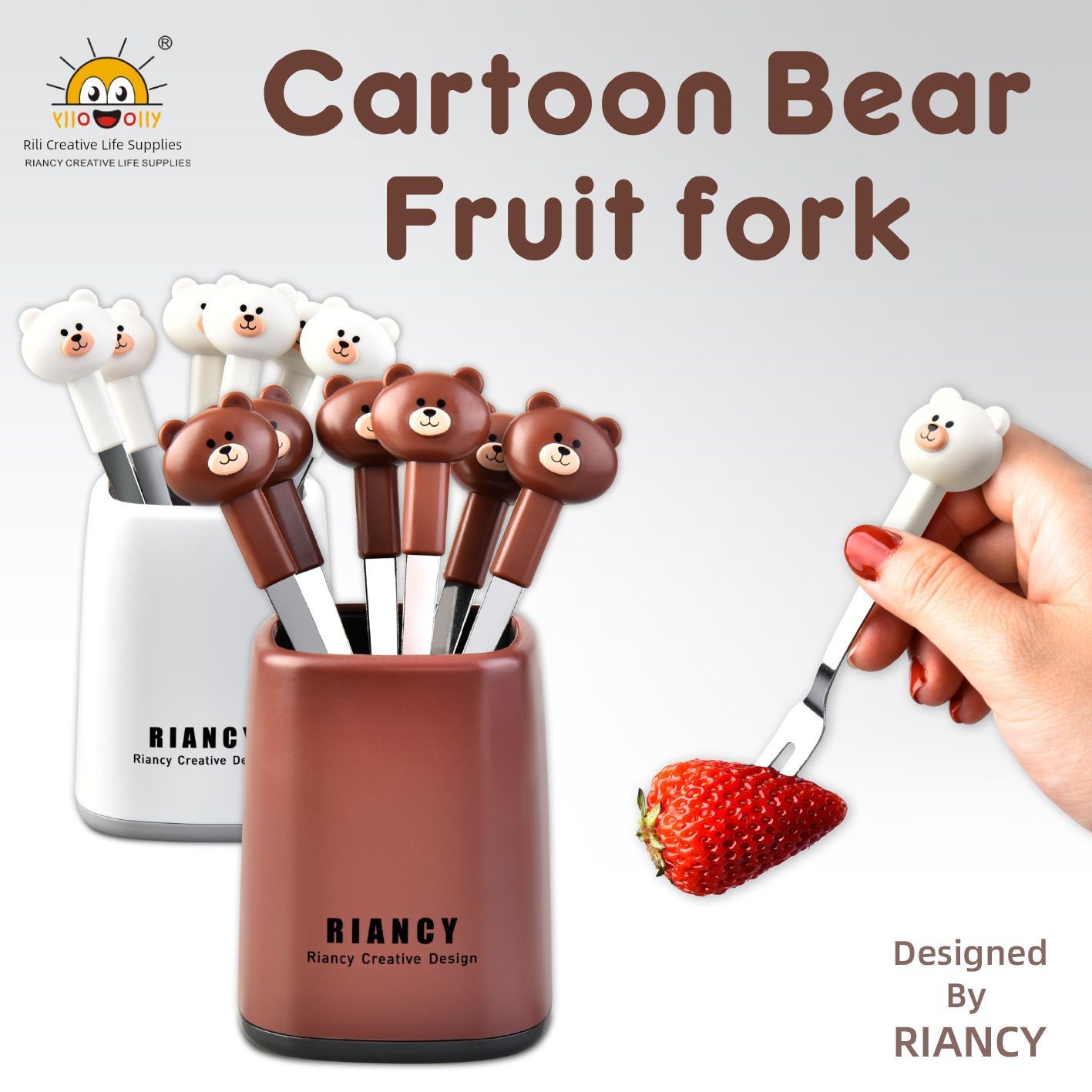 Rili Bear Stainless Steel Fruit Fork Set For Home Cute Small Fork Fruit Toothpick Cake Dessert Fork 6 PCs