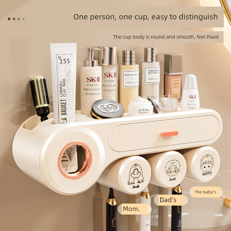 Punch-Free Creative Multifunctional Wall Mount Toothbrush Rack Washing Set Storage Rack Toothpaste Dispenser Mouthwash Cup