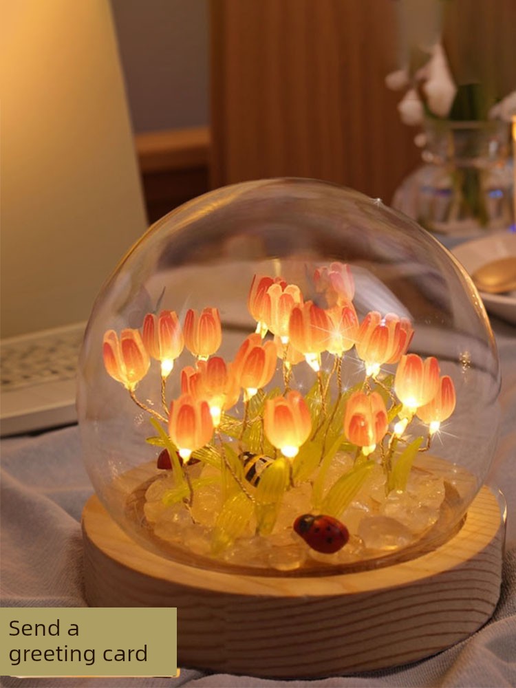 Tulip Small Night Lamp Handicraft DIY Material Bouquet Table Lamp Birthday Girl Ambience Light Valentine's Day Gift