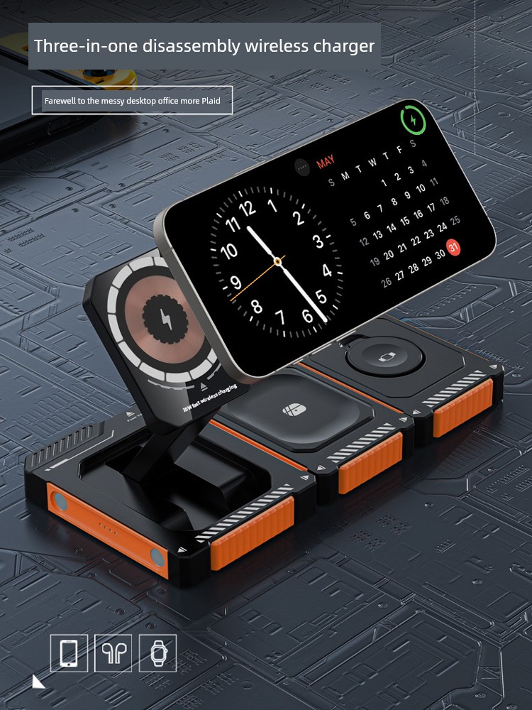 Creative New Arrival Three-in-One Magnetic Wireless Charging Desktop Folding Mobile Phone Holder iPhone 15 Watch Headset All-in-One Apple 15W Charging Set DIY Charging Equipment Mecha Style Gift