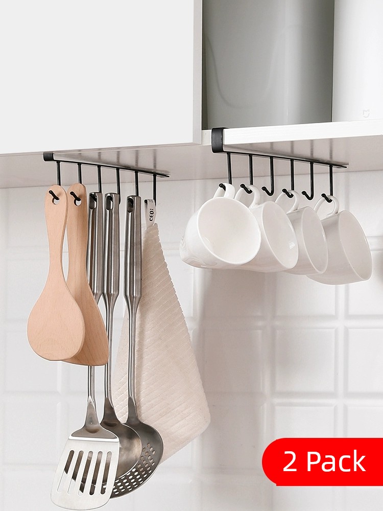 Kitchen Hook Rack Punch-Free Kitchen Cabinet Wardrobe Iron Hanging Rack Storage Organizer Multi-Functional Nail-Free Traceless Row Hook