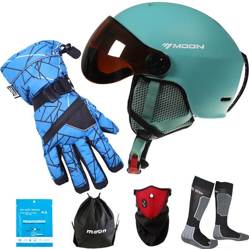 Moon Ski Helmet Safety Helmet with Goggles Integrated Molding Men's and Women's Protective Electric Car Helmet Single and Double Board Gloves