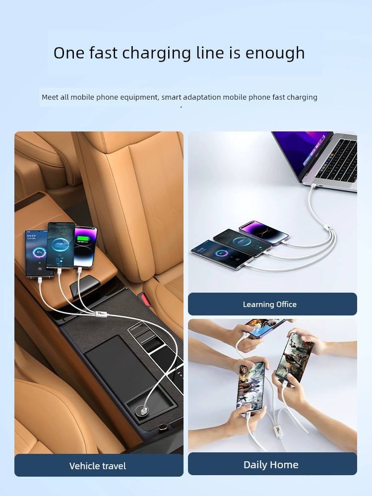 Applicable Charger Three-in-One Line Data Cable Charging Plug Multi-Functional One-to-Three Multi-Head Car Three-Head Charging Cable Fast Charging Suit USB for Apple Android Phone Typec Plug Neutral