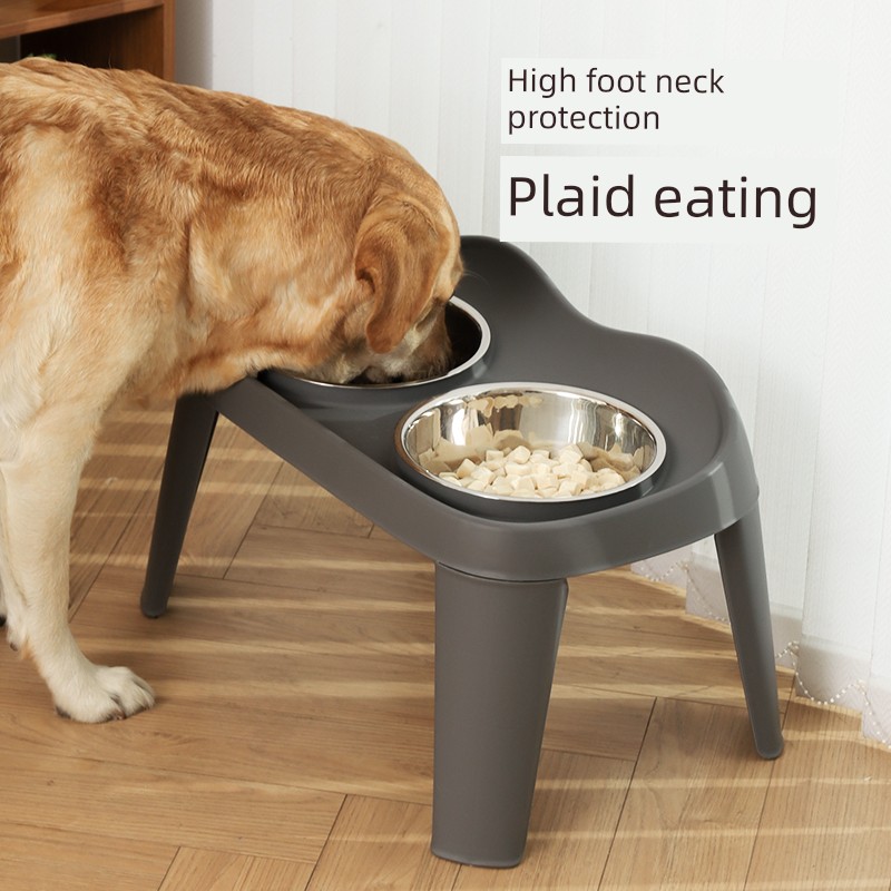 Dog Bowl Dog Basin Stainless Steel Dog Rice Basin Bowl Rack Golden Retriever Medium Large Dog Neck Protection Anti-Tumble High Leg Double Bowl Dining Table