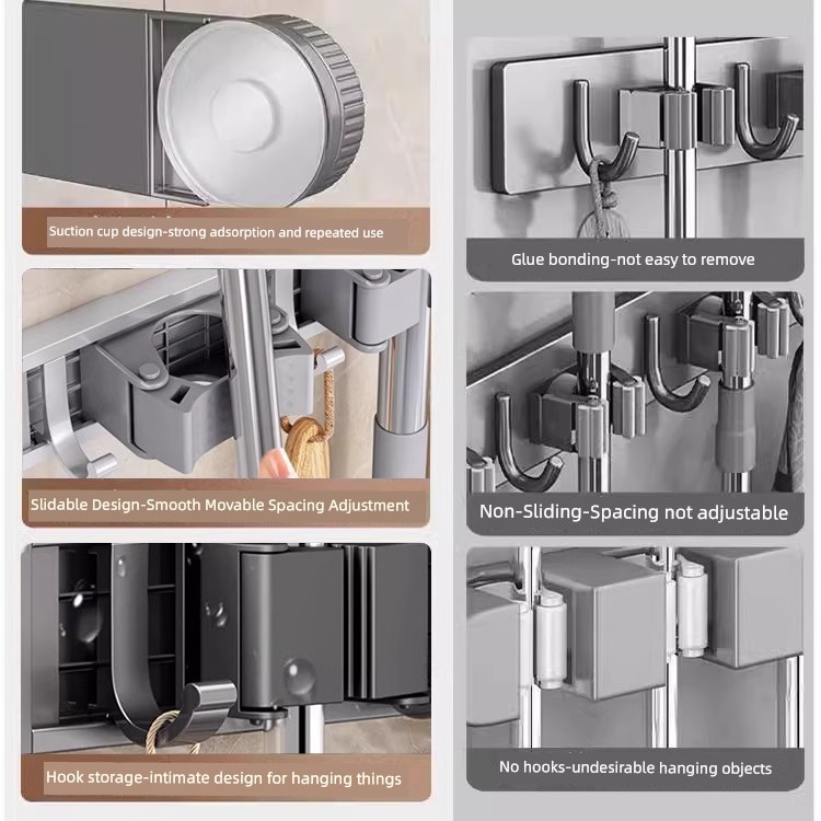 Jujiajia Bathroom Suction Cup Mop Rack Punch-Free Wall Hanging Bathroom Broom Mop Rag Storage Hook Storage