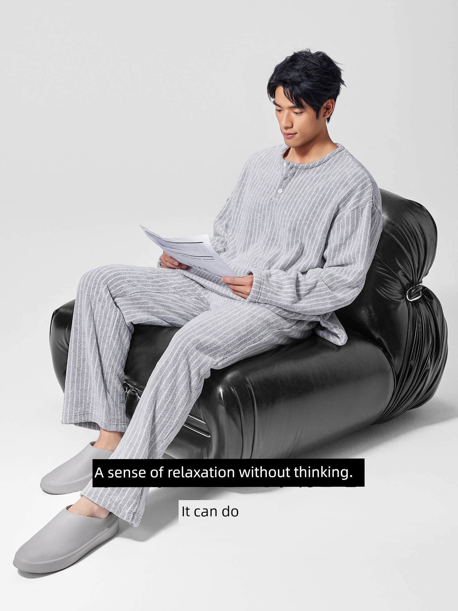 Bodydream BM Henry Collar Outerwear Homewear Men's Fall and Winter Gray Stripes Texture Stuffed Long-Sleeve Suit