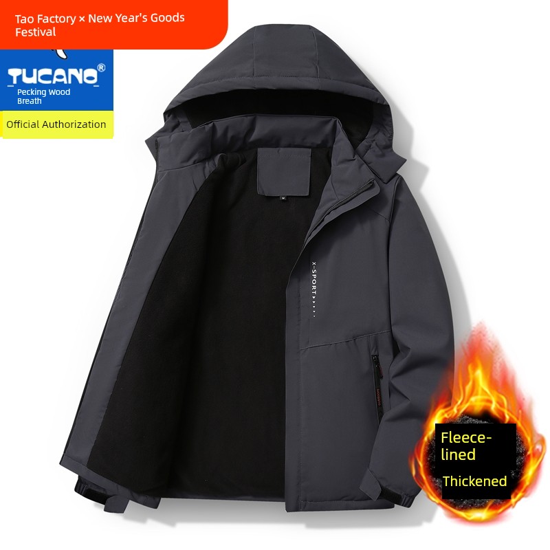 Woodpecker Men's Clothing Outdoor Jacket Coat Fleece-lined Thickened 2024 Autumn and Winter New Hooded Windproof Heattech Dad Wear