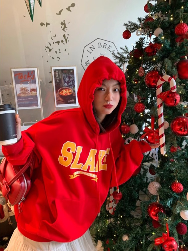 Spring and Autumn Fleece-lined Thickened 2025 New Elegant Red Hood Pullover Outerwear Small Over fit hoodie Women