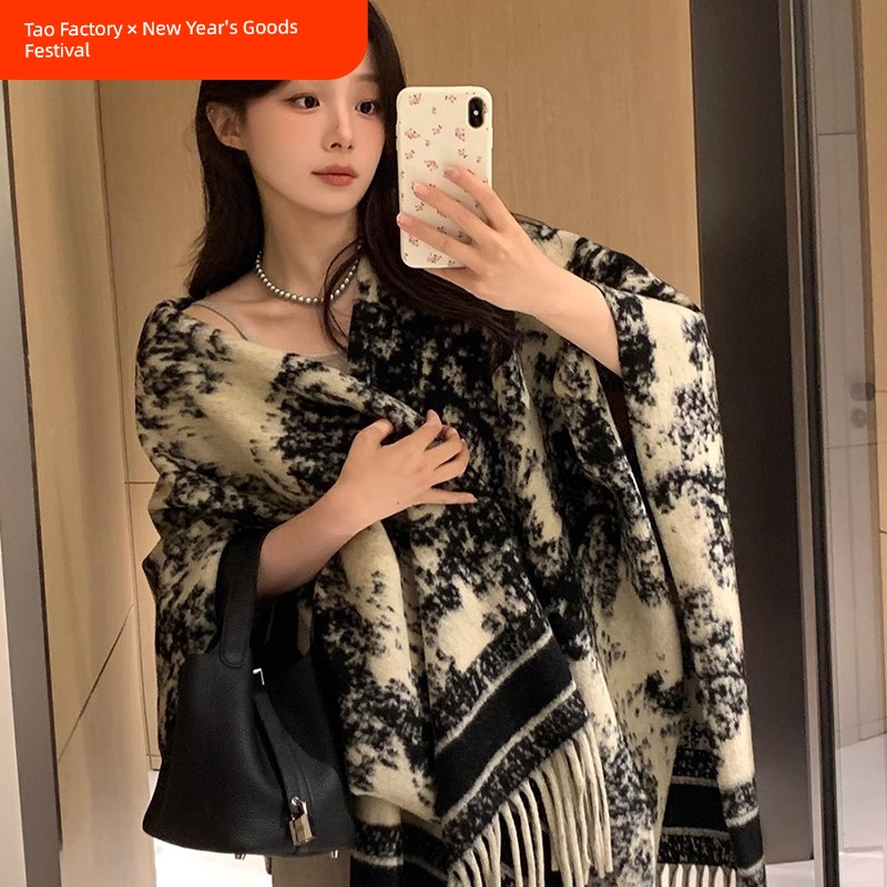 Retro Autumn Ink Painting Double-Sided Women's Coat Shawl