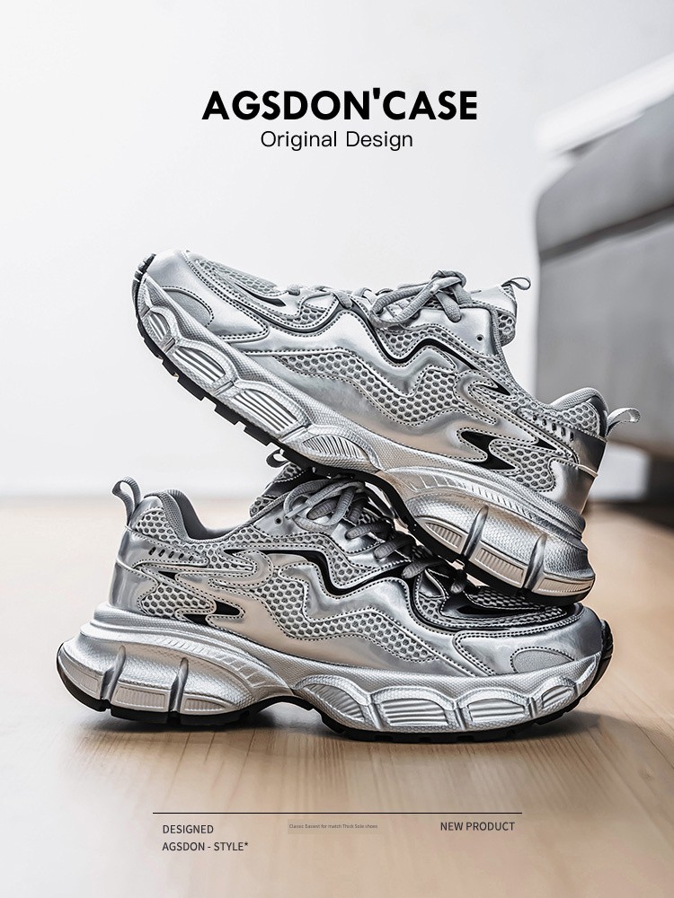 Men's Shoes Spring and Autumn Silver Dad Shoes Men 2025 New Arrival Fall and Winter Retro Easy Matching Lightweight Platform Casual Sneaker