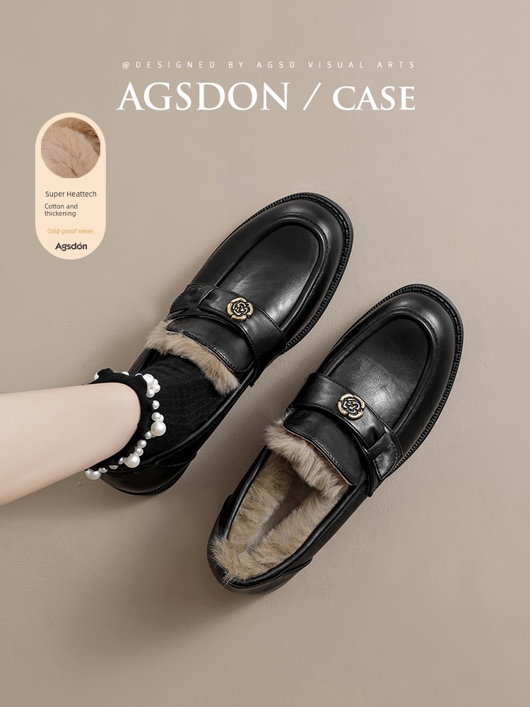 Augusto Flats Women's 2024 New Arrival Winter Platform Fleece Lined Cotton Shoes Loafers Work Clothing Black Leather Shoes