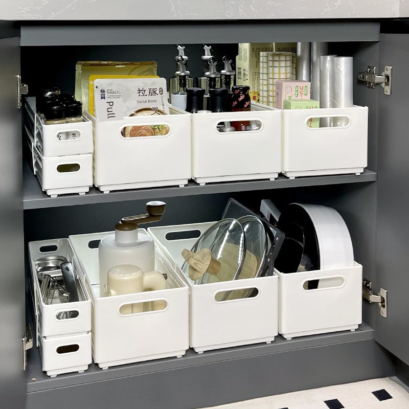 Cabinet Storage Box Drawer-Type Retractable Desktop Snacks Sundries Kitchen Finishing Box Deep Cabinet Right Angle Storage Box