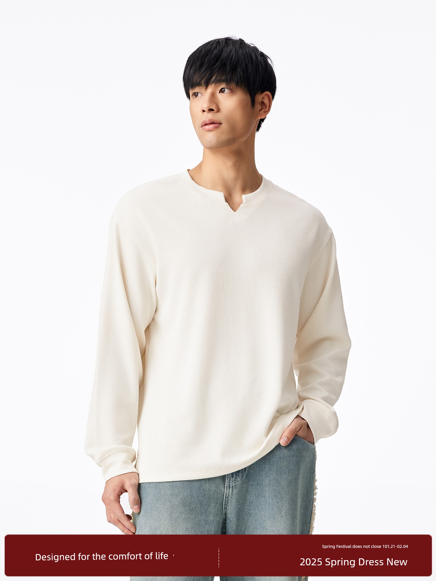 Bodydream BM New Arrival Small V Neck Bottoming Shirt Men's Texture Long Sleeves T-Shirt Loose Casual White Tops