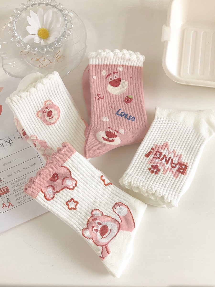 Pink Socks Female Knee Socks Ins Trendy Cute Bear Student Sports Stockings Boneless Not Feel Tight with Feet Abrasion Resistant Heel
