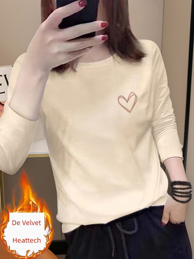 Cream Long Sleeves T-shirt Women's Loose 2025 New Arrival Underwear Crew Neck plus Thick Velvet Bottoming Shirt Autumn Winter Coat Tide