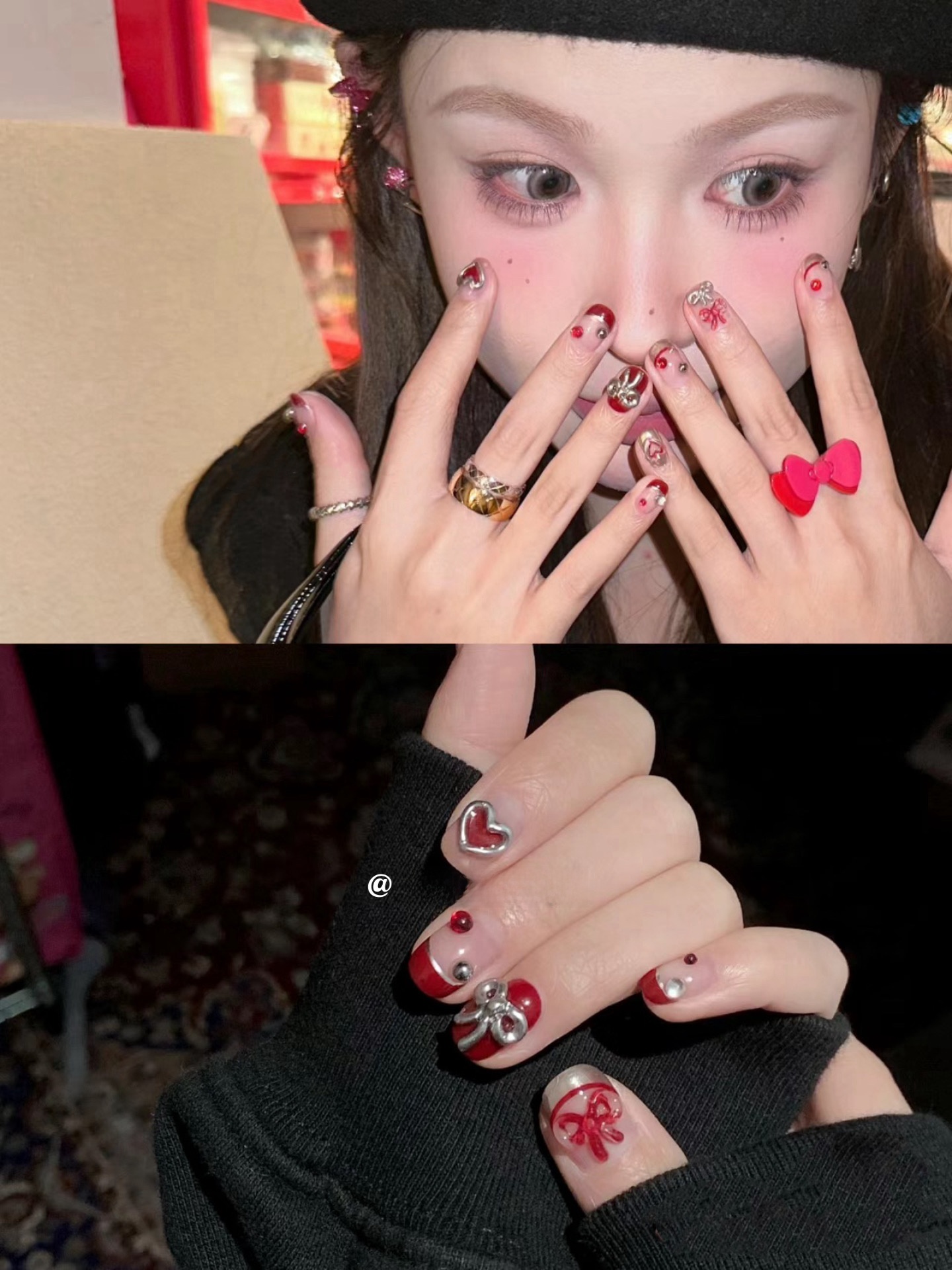Little Monkey Same Style Manicure Handmade Wear Nail Wine Red Magic Mirror French Love Heart Bow Tie New Year Wear Manicure