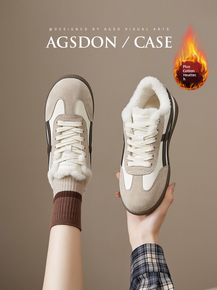 Augusto De Training Shoes for Women 2025 Fall and Winter New Arrival Fleece-lined Genuine Leather Casual Board Shoes Flats Versatile White Shoes