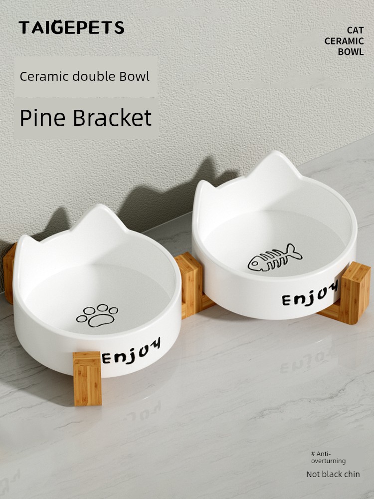 Taige Ceramic Cat Bowl Cat Food Holder Pet Bowl Drinking Bowl Food Bowl Integrated Cat Rice Bowl Not Easy to Knock over Neck Protection