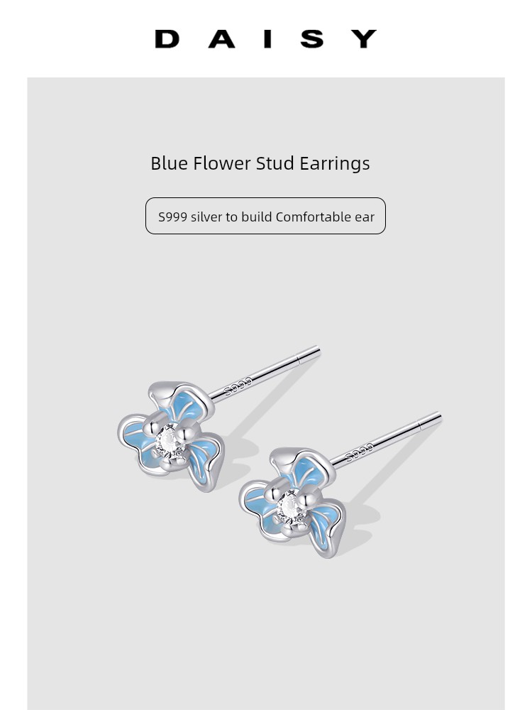 999 Sterling Silver Blue Flower Stud Earrings for Women Indie Pop Style and Compact Delicate Earrings 2025 New Arrival Best Selling Ear-Caring Earrings