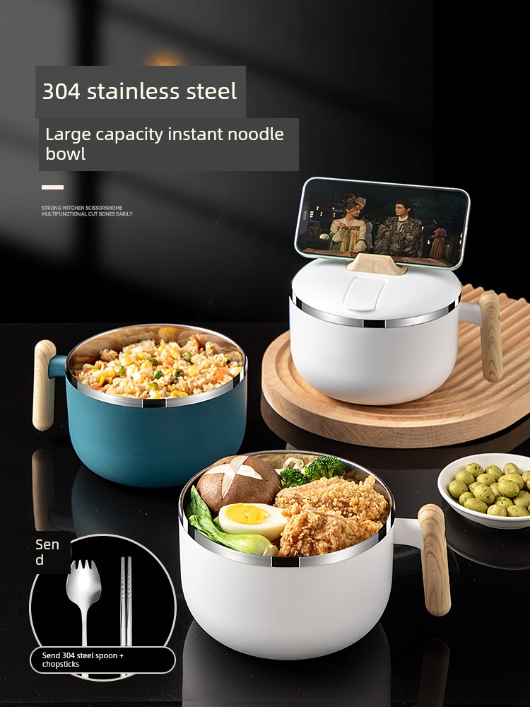 Instant Noodle Bowl with Lid Multifunctional for Dormitory with Handle Student Bowl 304 Stainless Steel Rice Bowl Rice Basin Instant Noodle Bowl