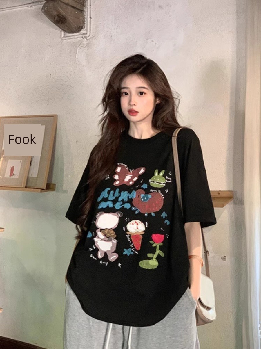 Cartoon Graffiti Printing Pure Cotton Short Sleeve T-Shirt Women's Summer K-style Loose Leisure All-Matching Black Half-Length Sleeve Top Clothes