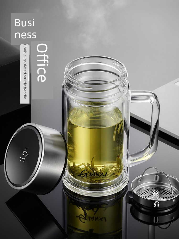 Water Cup Glass Boys Tea Cup Personal Dedicated Double Rounds Handle Office Tea Water Separation Cup Men