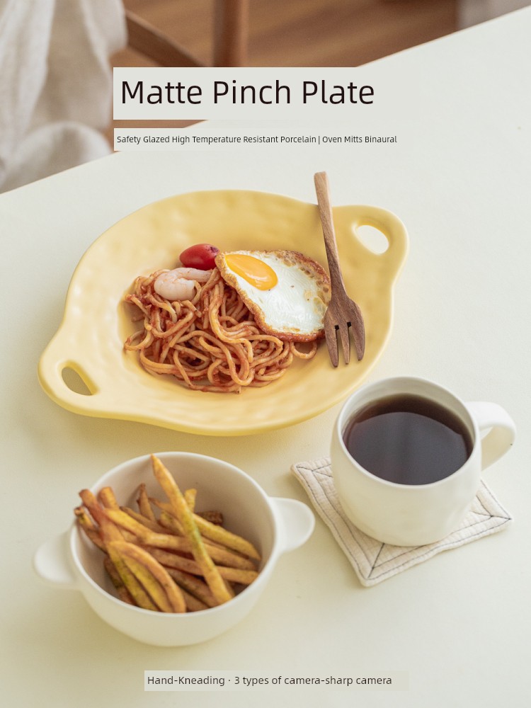 Tree Hand-Pinching Plate Double Handle Disk Western Cuisine Plate Household Ceramic Plate Plate Set Deep Dinner Plate Fish Dish Breakfast Plate