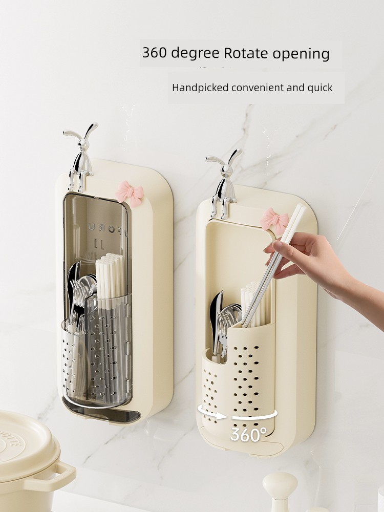 Cream Rotate Chopsticks Cage For Home Wall-Mounted Kitchen Punch-Free Multi-Functional Drain Chopsticks Box-Grid Chopsticks Box