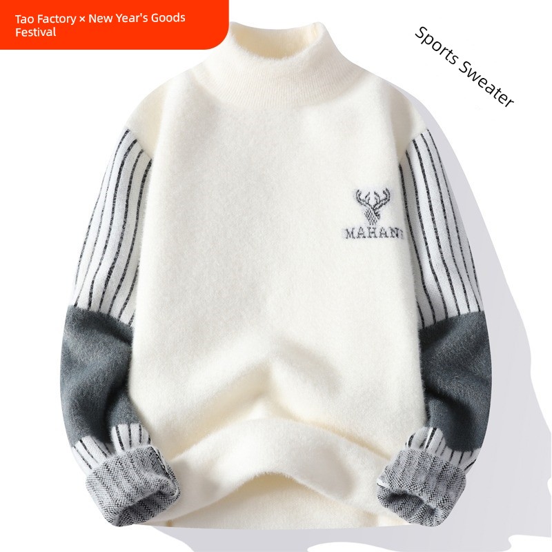 Teenagers Mink Fur Turtleneck Sweater Male Junior High School Students Warm-Keeping Knitwear High School Students Fleece-lined Thick Sweater