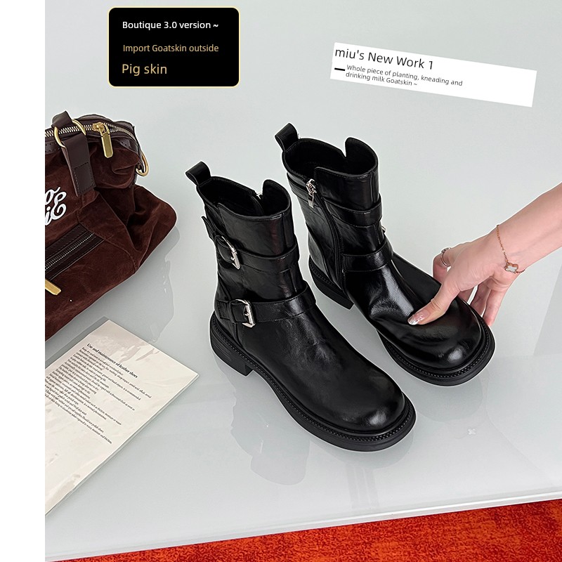 [Uncle's House] Genuine Leather inside and outside British Style Platform Martin Boots Female 2024 Fall and Winter New Chunky Heel Short Boots Fleece-lined