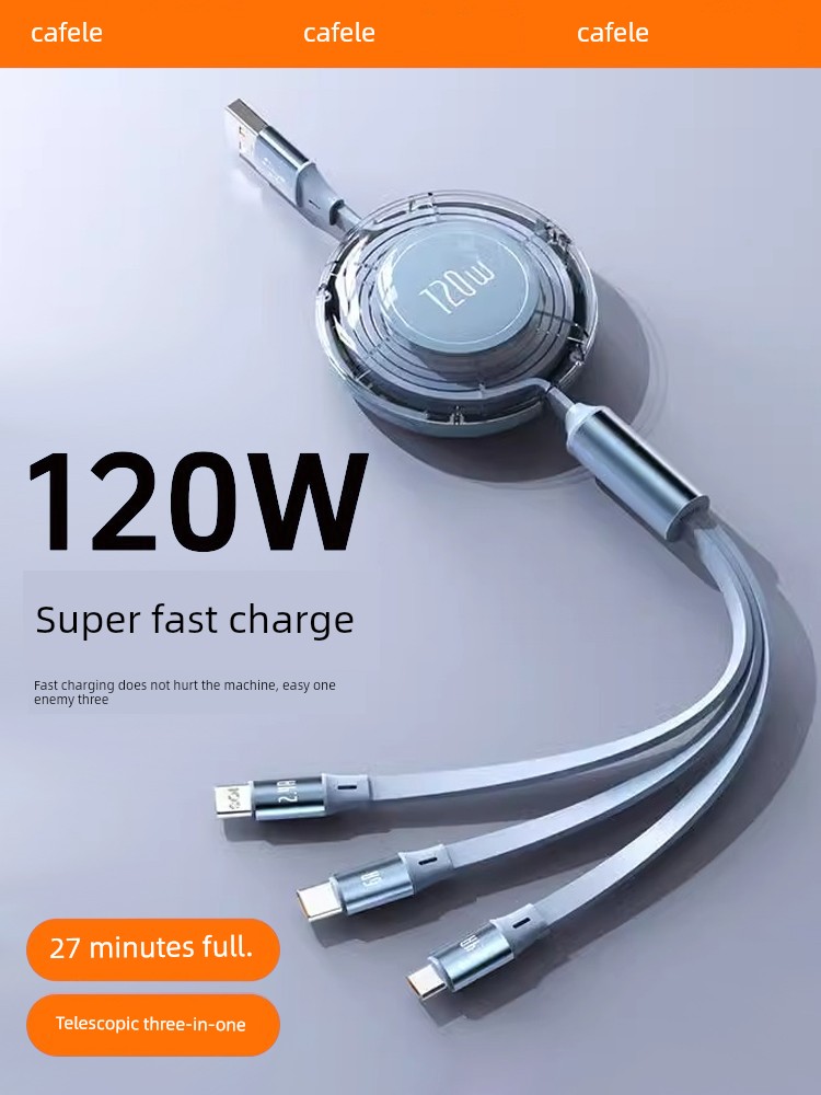 [120W Super Fast Charge] Telescopic Data Cable Three-in-One Charge Cable One Drag Three Fast Charge for Apple iPhone Huawei Android Typec Mobile Phone USB Three-Head Multi-Function 6A Multi-Head Punch